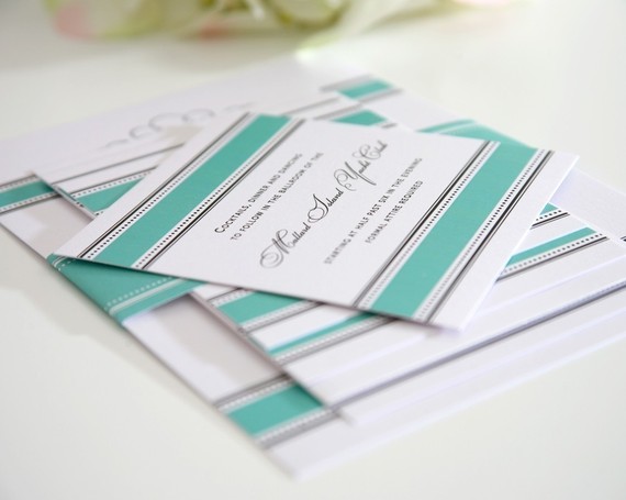 Vintage Wrap Wedding Invitations Sample in Aquamarine on Pearl Shimmer Luxury Cardstock