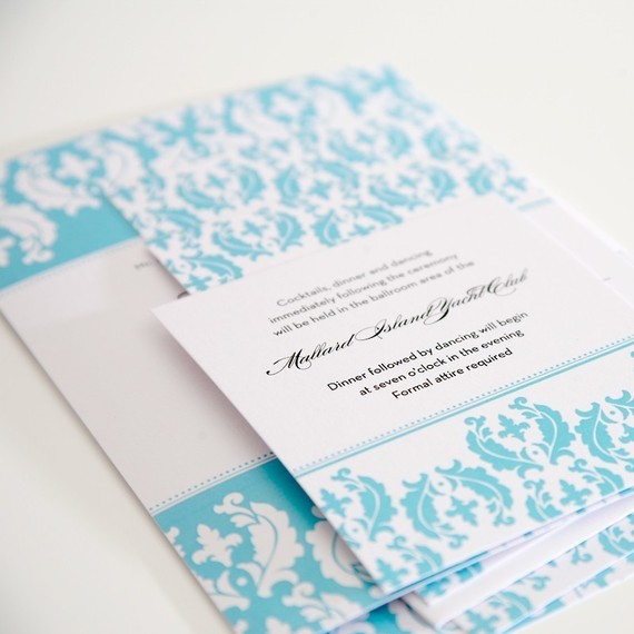 Cascading Damask Wedding Invitations Sample in Tiffany Blue on Pearl Shimmer Luxury Cardstock