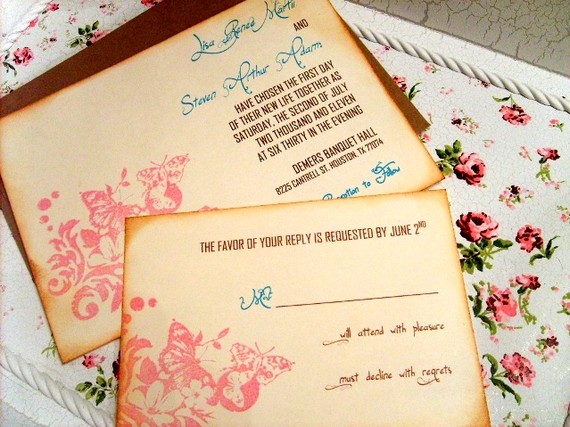 Butterfly tea party hand stamped wedding invitation set - (SAMPLE)